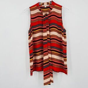 LOFT Size Small Petite SP Red Tan Striped Tie Neck Sleeveless Blouse Top